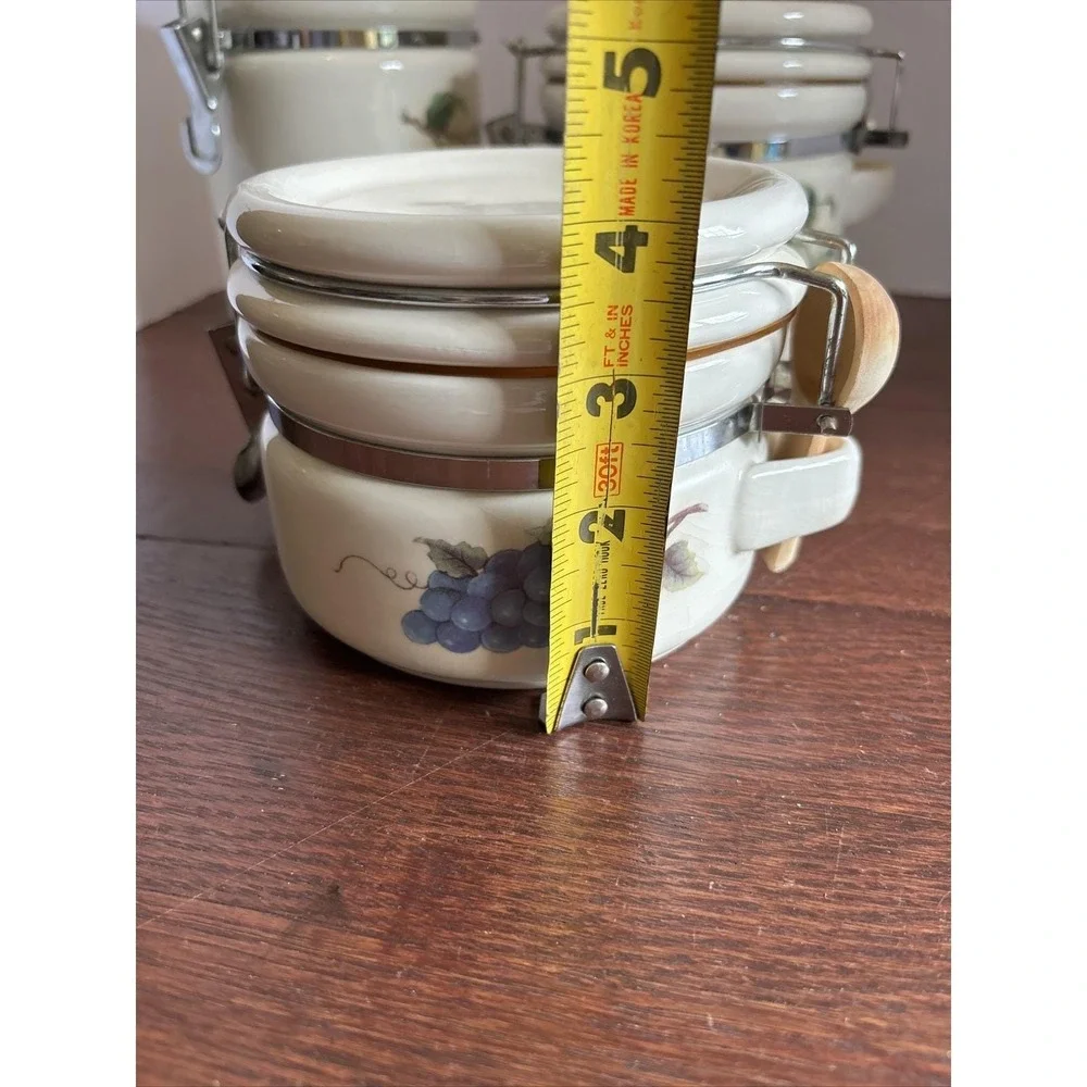 Vintage Ceramic Food Canister Set Pears Apples Grapes‎ With Wooden Spoons